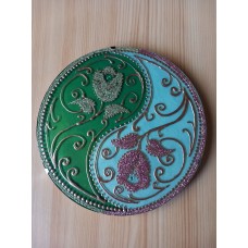 Decor de sticlă pictat manual cu mandala jin-jang-floare